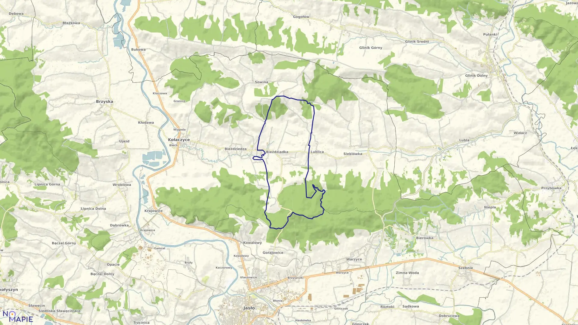 Mapa obrębu Bieździadka w gminie Kołaczyce