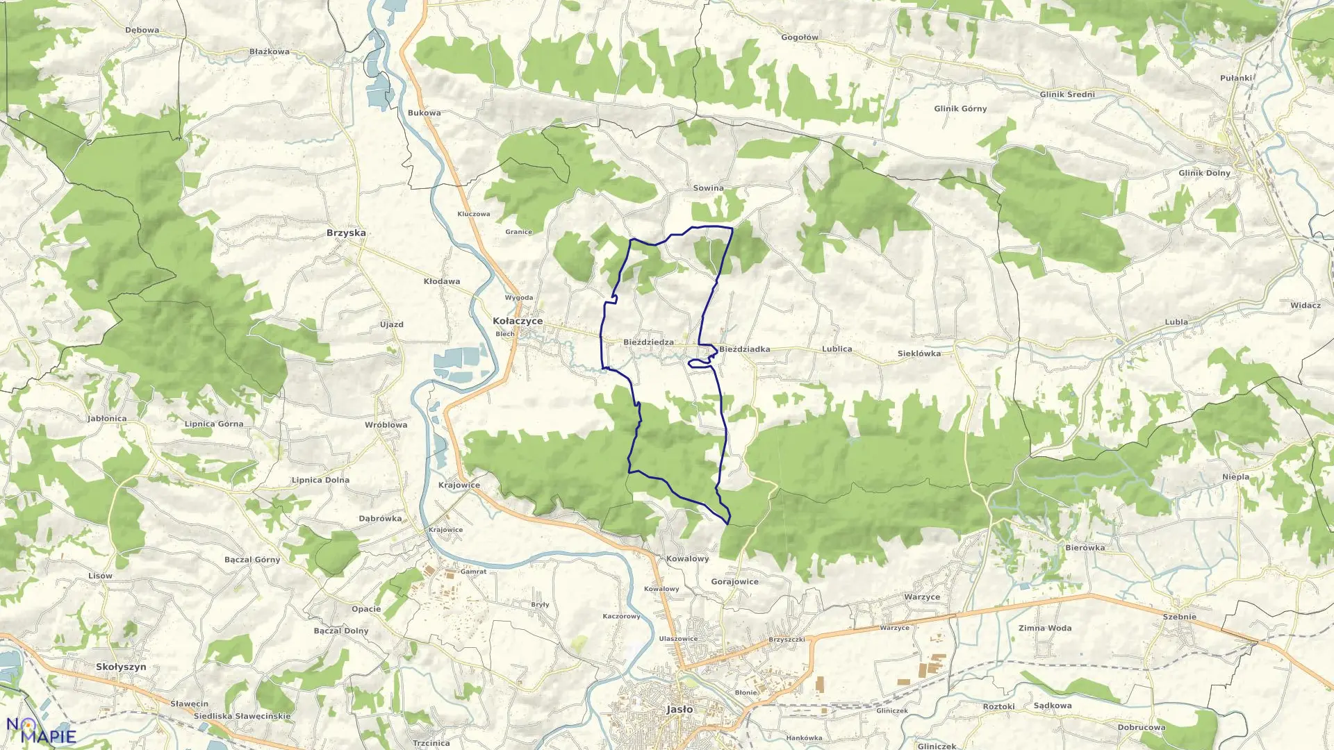 Mapa obrębu Bieździedza w gminie Kołaczyce