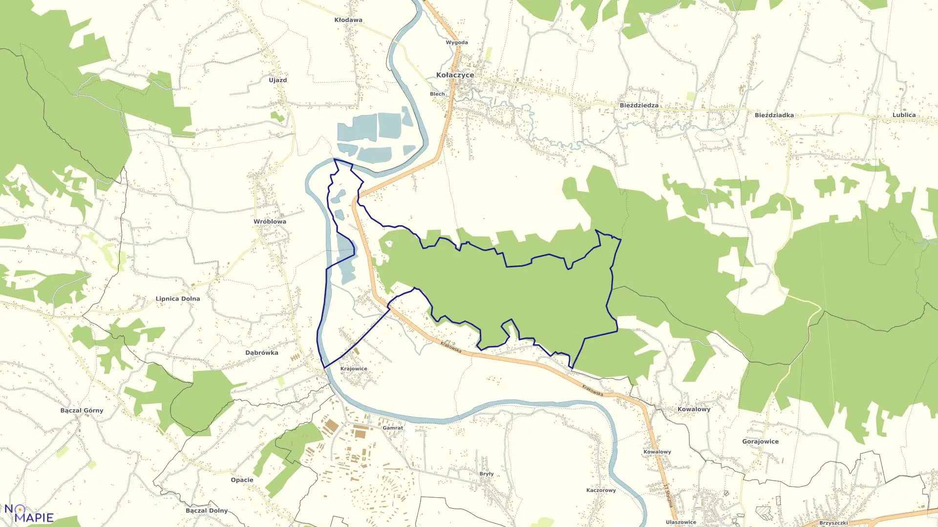 Mapa obrębu Krajowice w gminie Kołaczyce